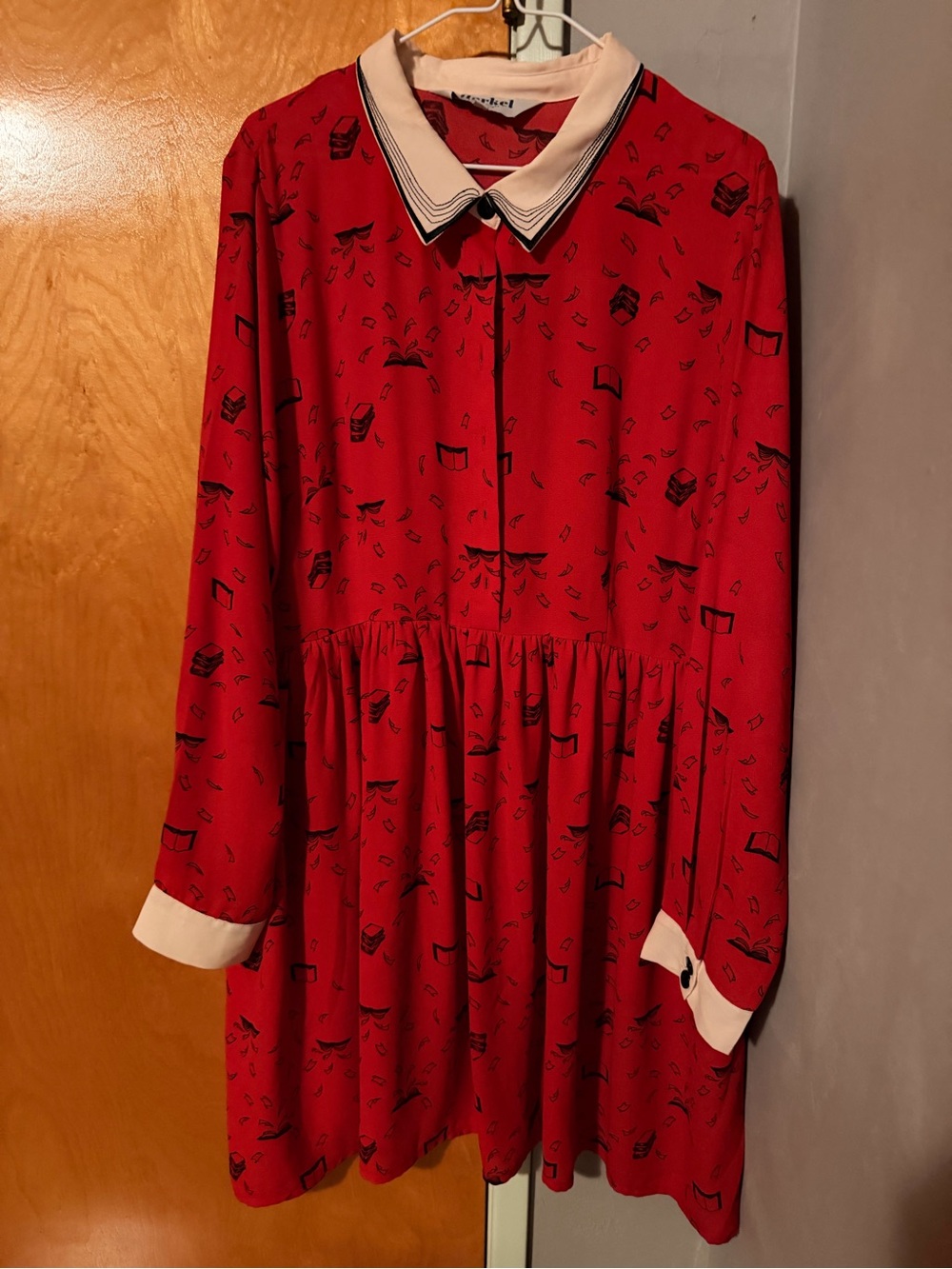 Harkel ‘A Real Page Turner’ Red Long-Sleeve Collared Dress with Contrast Trim